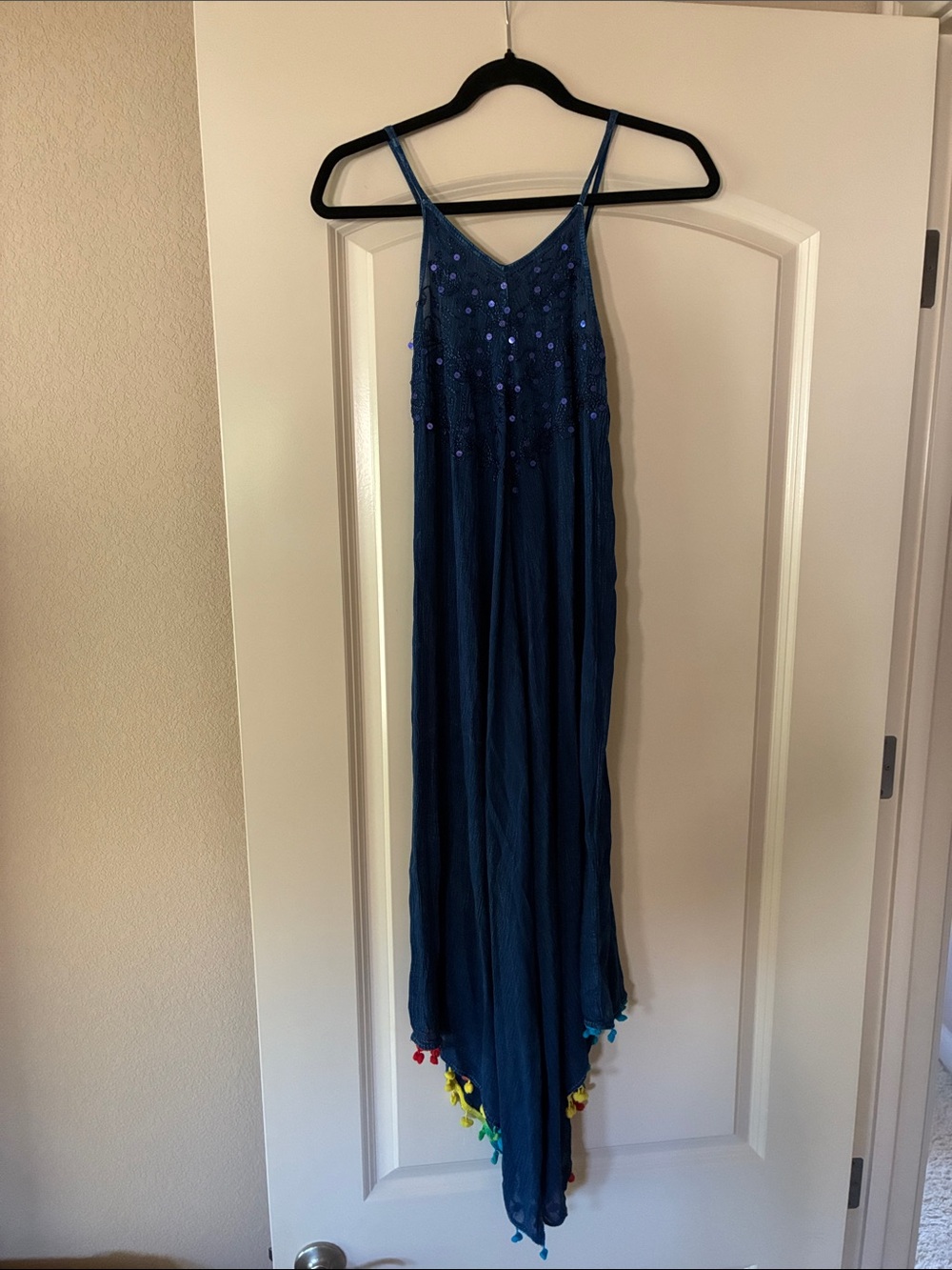 Blue Embellished Maxi Dress with Tassel Hem